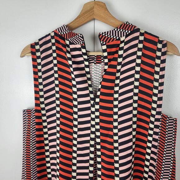 MARELLA Stripe Pleated A-Line Geometric Print Shift Silky Dress Black Orange | 8 - Picture 14 of 16